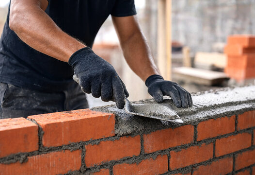 Construction Worker Applying Mortar Between Red Bricks On Building Wall