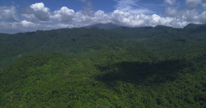 Vast rainforest ridges extend across a Sumatran mountain landscape while towering clouds cast moving shadows over the canopy during a smooth drone glide revealing deep forest layers