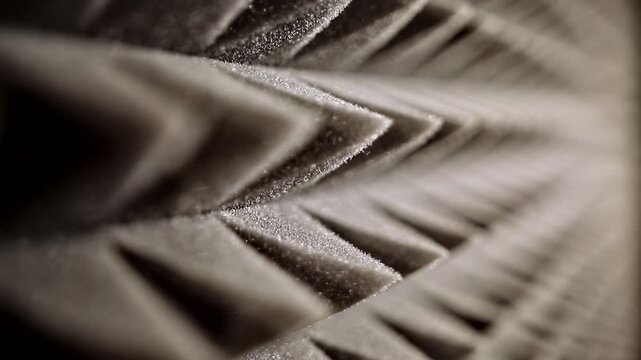 Acoustic foam wedges stretch into layered perspective during a surface level glide with the narrow focus band moving across porous ridge edges while near and distant rows fade into blur