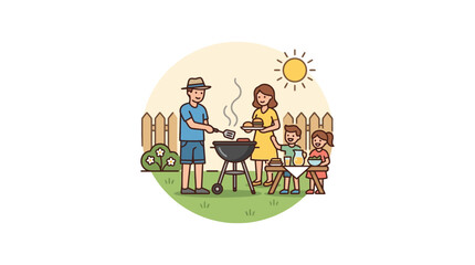 Fototapeta premium Family enjoying a backyard barbecue on a sunny day with father grilling and children at a table.