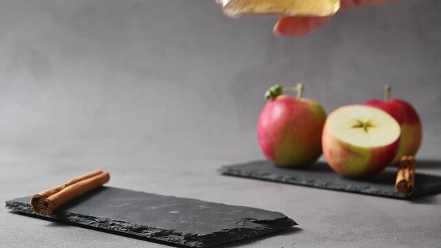 Hand lifts chilled apple cider cold brew tonic from slate board beside apples and cinnamon sticks.