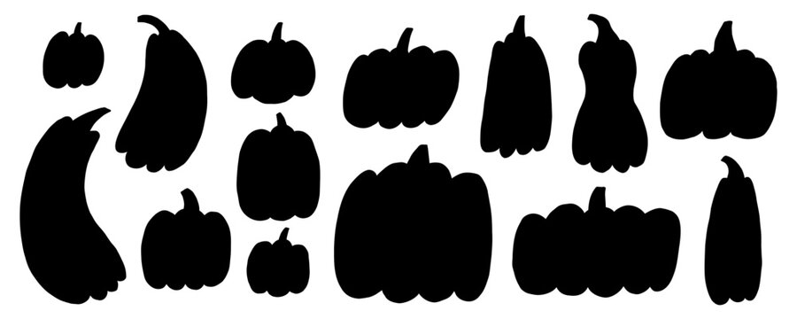 Black Cute Thanksgiving Pumpkin Silhouette Set. Doodle Fall Halloween Pumpkins Shape Kit. Gourd Food Harvest Collection. Hand Drawn Organic Vector Clipart Illustration