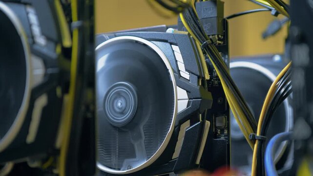 Spinning cooling fan fills a side view of a graphics card inside an open frame GPU rig with power wiring and another card visible behind in a steady macro shot