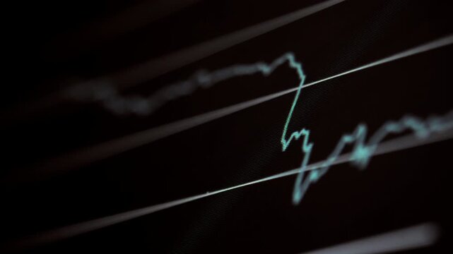 Bright cryptocurrency price trace drops steeply across a dark market graph then fluctuates at a lower level between glowing horizontal lines