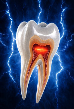 Detailed cross section tooth with nerve inflammation against lightning effect background