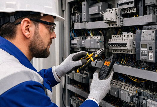 Electrician using multimeter to test circuit breaker panel components
