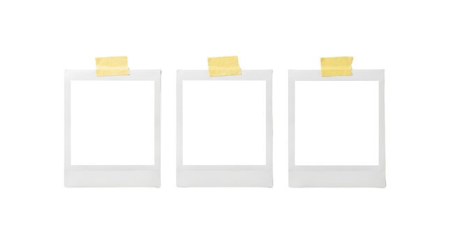 Three blank polaroid photo frames with yellow masking tape isolated on transparent background
