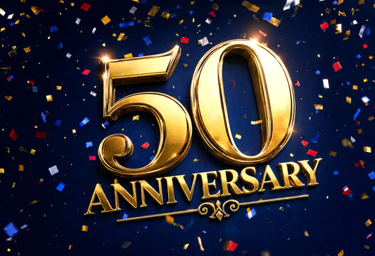 Golden fifty anniversary celebration text with colorful confetti background design