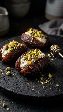 Stuffed medjool dates with ricotta and pistachios on dark plate with dramatic food lighting