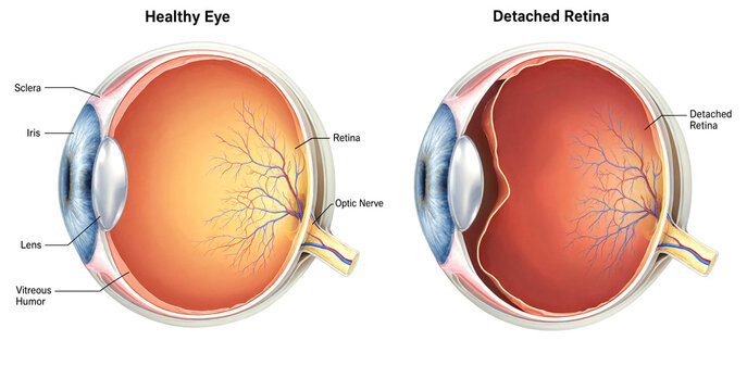 Medical illustration showing healthy eye versus detached retina condition comparison