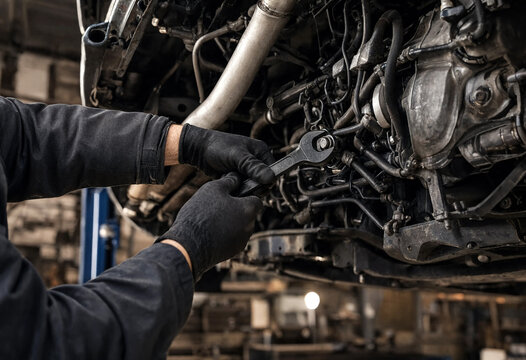 Mechanic Working on Vehicle Engine Under Car Hood