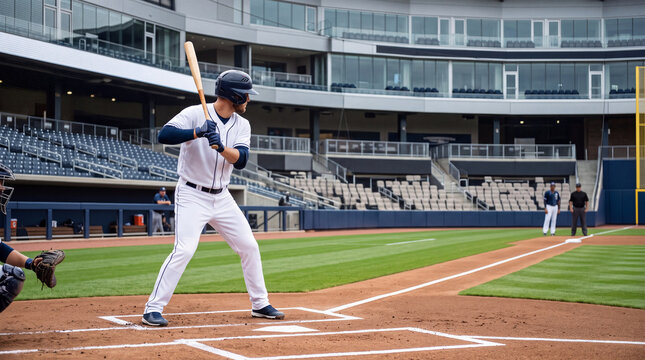 Professional baseball player at home plate ready to swing the bat during a live stadium game