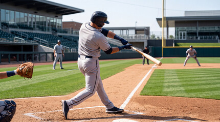 Obraz premium Action shot of a baseball batter swinging the bat at home plate during a competitive game