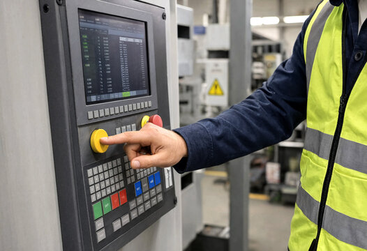 Person operating industrial machine control panel in manufacturing facility