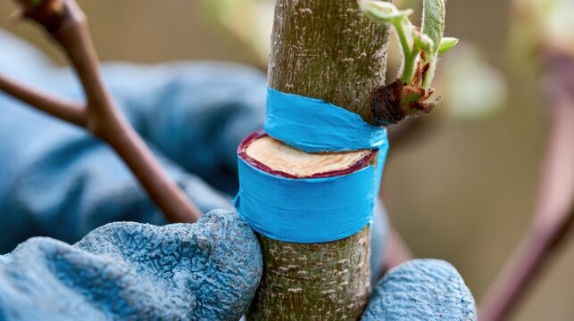 A detailed view of grafting on pear tree rootstock in an orchard. Hands wear gloves while wrapping a precise cut.