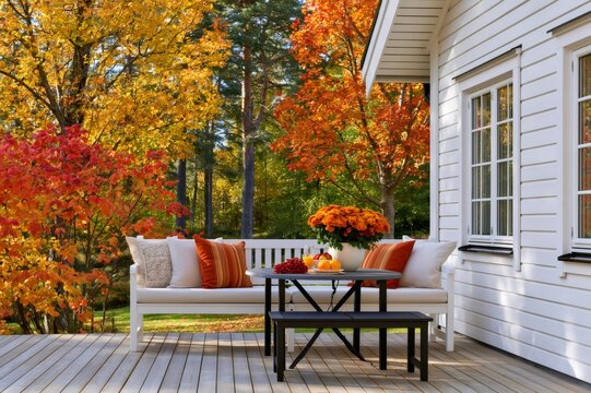 Cozy autumn patio deck with outdoor furniture and fall foliage