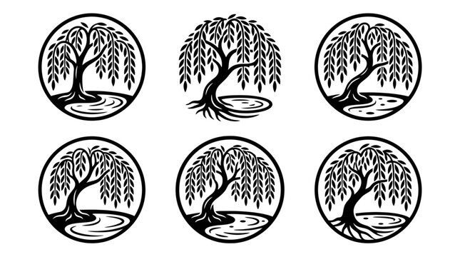 Clean Black and White Minimalist Weeping Willow Tree Circle Designs Art for Logos Branding or Decorative Use