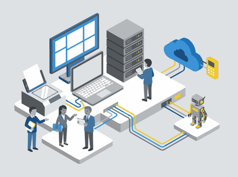 Clean Isometric of Modern IT Infrastructure with Professionals Servers Cloud and Robotics with high quality professional line art symbols for modern creative design and digital branding projects