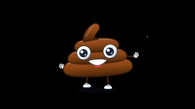 poop emoji character cartoon funny mascot smiling and dancing happily against an isolated black background