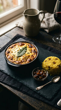Traditional South African bobotie served with yellow rice and chutney on a dark wooden table.