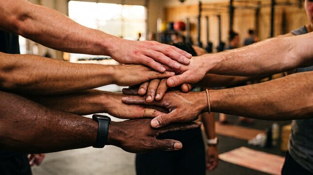 Diverse athletic team stacking hands in unity inside fitness gym.