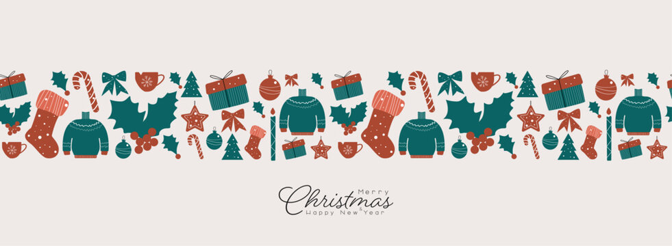 Christmas beautiful seamless pattern border. Merry Christmas and Happy New Year banner.