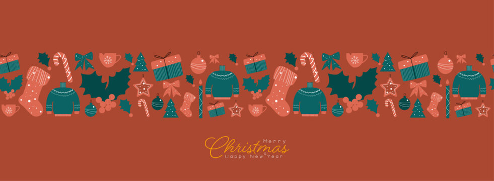Christmas beautiful seamless pattern border. Merry Christmas and Happy New Year banner.