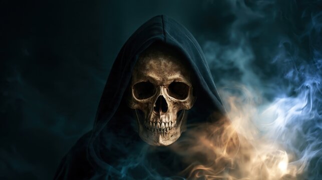 Grim reaper skeleton face wearing a dark hood surrounded by mysterious smoke