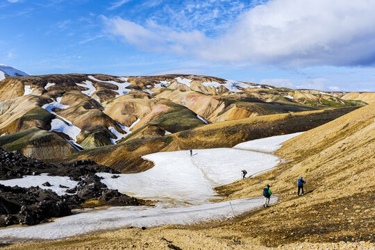 View of hikers trekking across snow patches in the colorful rhyolite mountains of Landmannalaugar, Rangarthing ytra, Iceland.