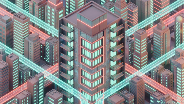 中央の高層ビルと空中に浮かぶ光の交通網を描いた近未来都市の3D背景