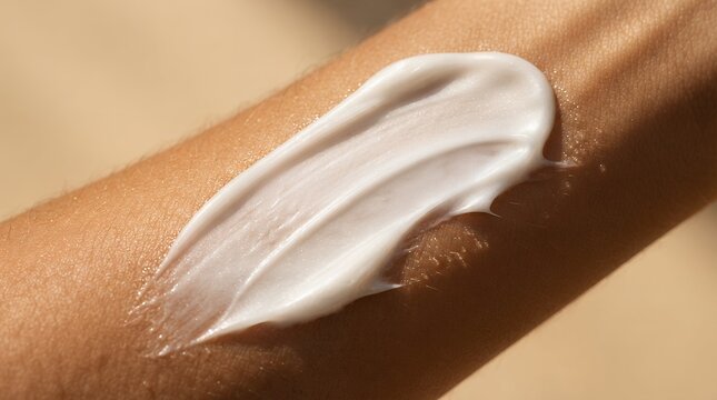 White cosmetic cream swatch on female arm, moisturizing lotion texture on skin, sunscreen or body butter application for skincare advertising