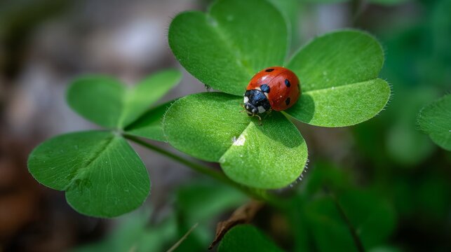 ladybug resting on a green three leaf clover in a peaceful natural setting with fresh foliage and vibrant greenery, symbolizing luck, nature, spring, and outdoor beauty