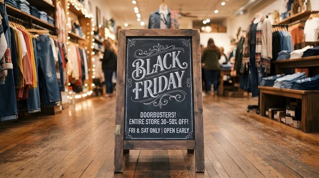 Black friday sale sign inside a clothing store with apparel on shelves and racks in the background