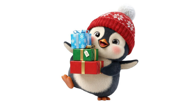 Cute penguin wearing a red hat holding christmas presents isolated on transparent background