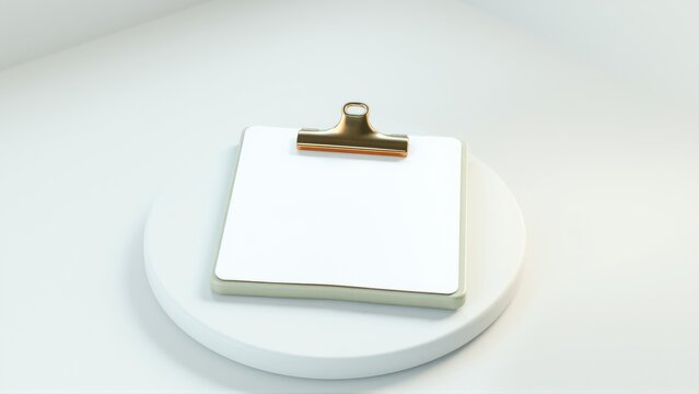 White clipboard rests upon round surface. Minimalist studio shot, clean aesthetic, simple composition. Gold clip adds subtle contrast.