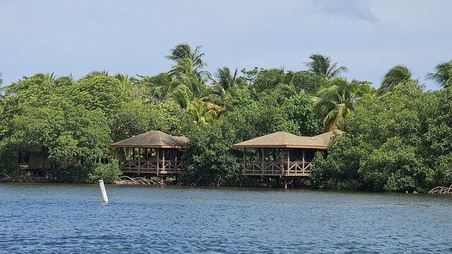 View of wooden gazebos on stilts nestled among lush tropical mangroves and palm trees along the coast of Roatan in the Bay Islands Department, Honduras.