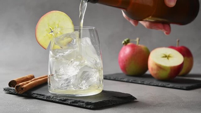 Nonalcoholic apple cider pours over ice to start preparing iced apple cider cold brew tonic drink.
