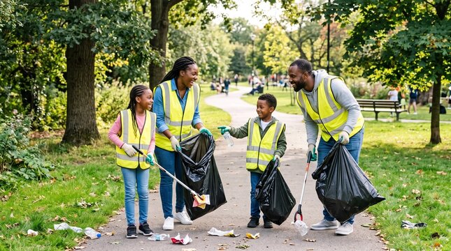 Happy Black family volunteering to clean up litter in a public park.