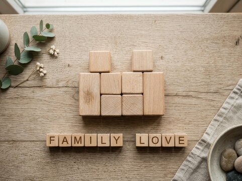 Wooden cubes spell out family love representing connection