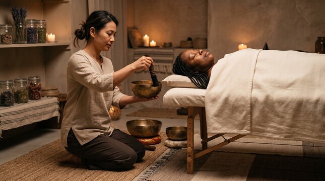 Asian practitioner performing sound healing with singing bowl on Black woman in spa.