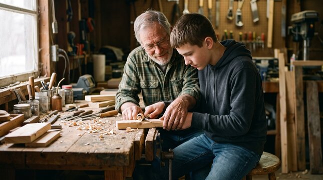 Senior man teaching teenage boy wood carving in woodworking workshop