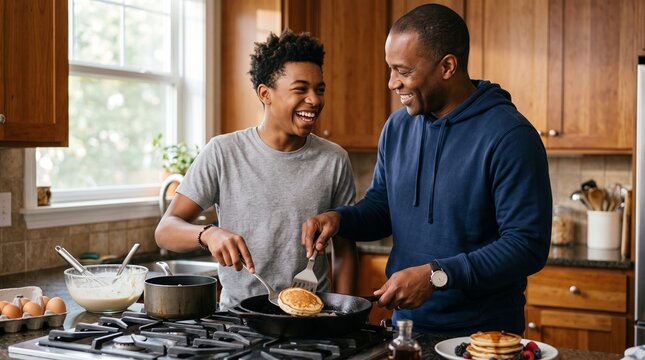Smiling father and teenage son cooking pancakes together in kitchen.