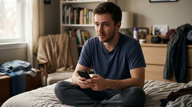 Young adult Caucasian man sitting on bed using smartphone in bedroom.
