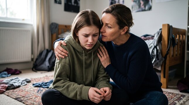 Caring mother comforting her sad teenage daughter in bedroom