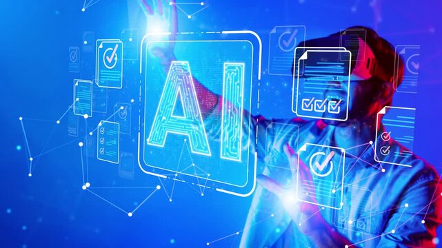 Futuristic Virtual Reality Experience with AI Interaction and Digital Interface in a Neon Blue Environment Sigmoid