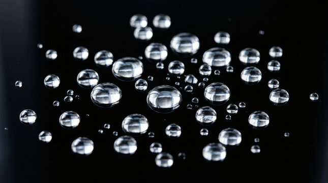 Close-up of clear water droplets on a dark black surface, reflecting light and creating a beautiful abstract pattern. Purity, freshness, and liquid texture concept.