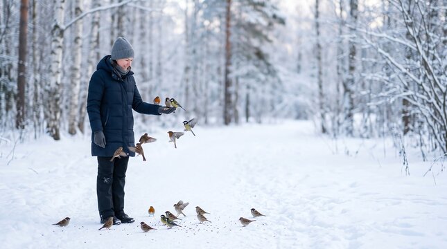 woman feeding wild birds in snowy winter forest peaceful outdoor nature concept