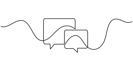 Obraz premium Speech bubbles chat continuous line art, communication dialogue concept outline, editable stroke vector illustration