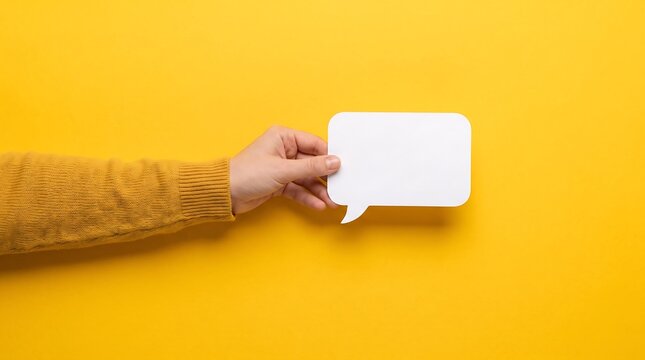 Hand holding a blank white speech bubble against a vibrant yellow background for communication concepts
