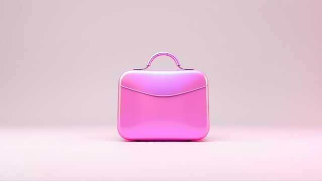 Pink briefcase sits centered. Smooth surface reflects light, creating soft shadows. Minimalist studio shot, simple background.